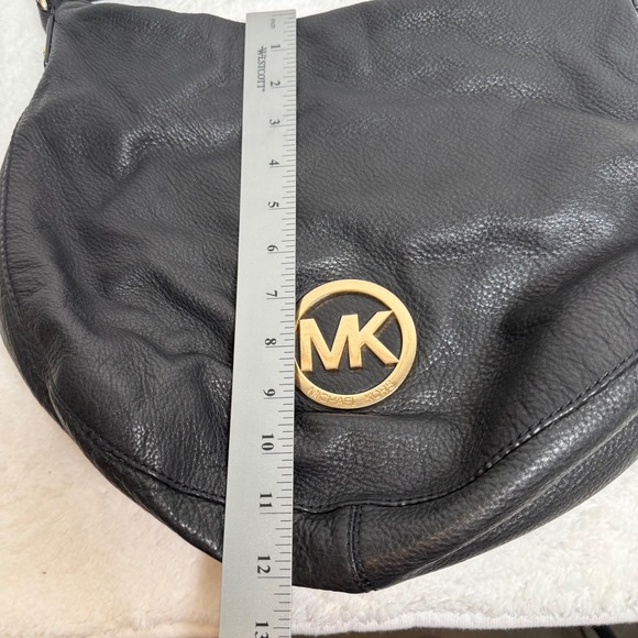 Michael Kors Fulton Black Leather Hobo Shoulder Bag Gold MK Logo - Picture 16 of 16